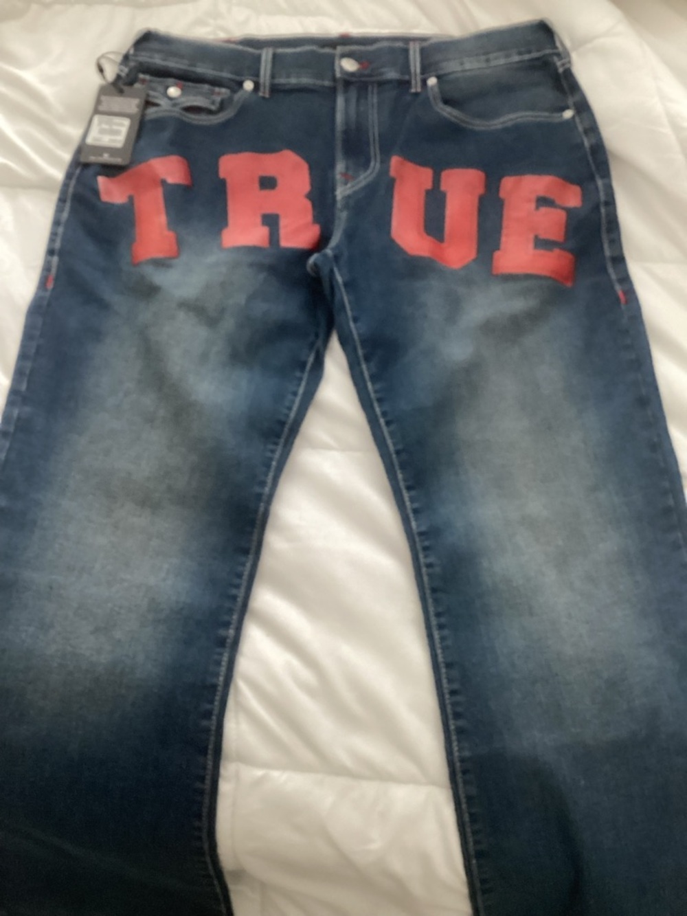True Religion Men's Blue Jeans with Red 'TRUE' Front Graphic